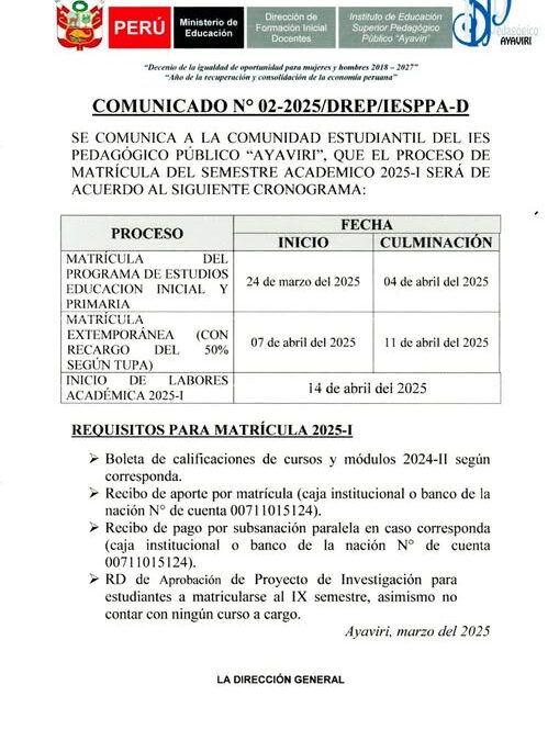 CRONOGRAMA DE MATRÍCULA 2025-I